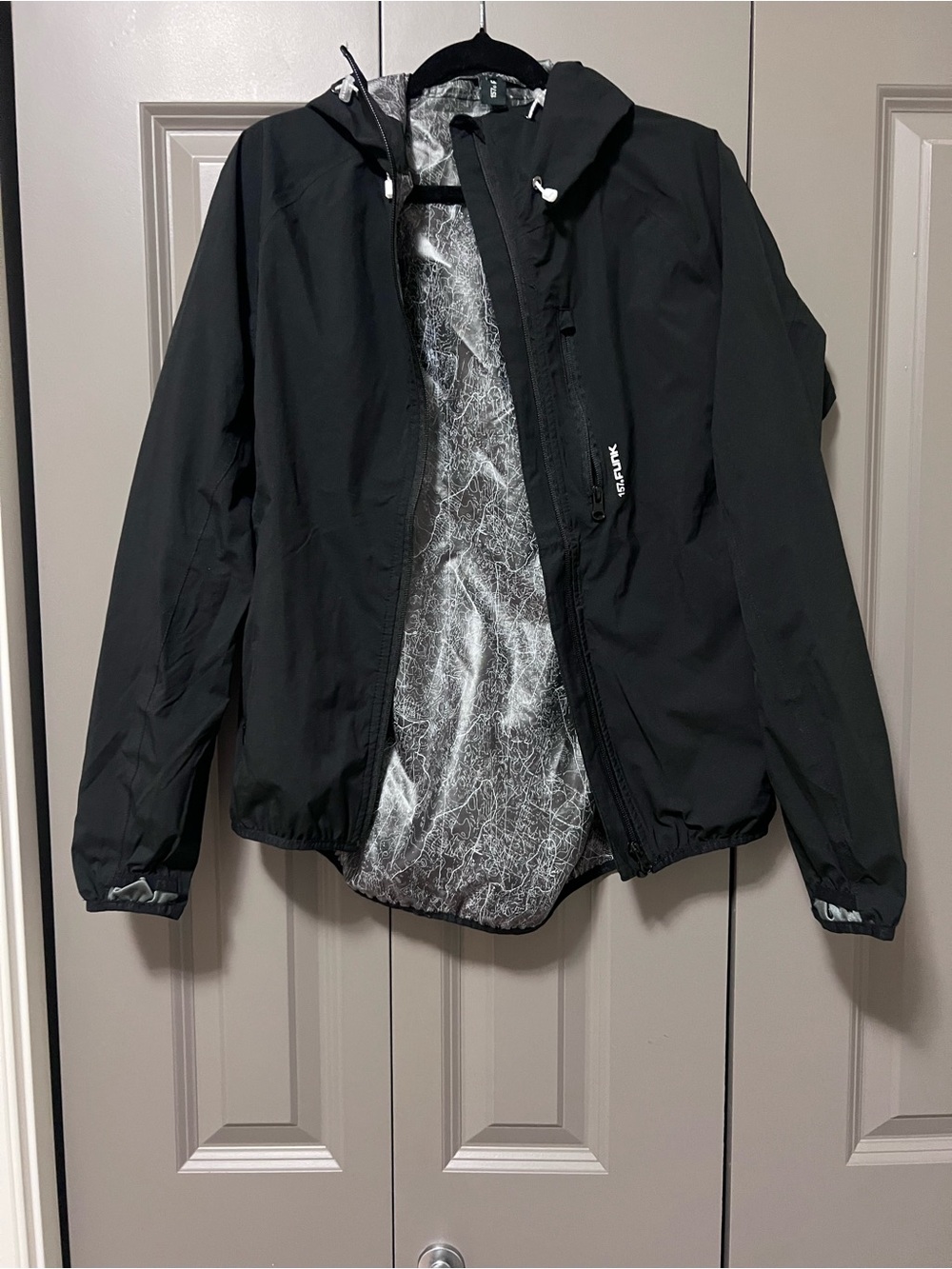Black Hooded Utility Jacket with Patterned Lining